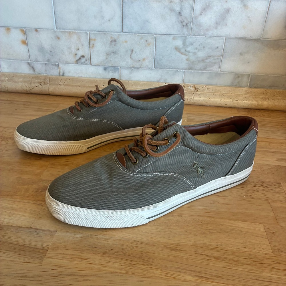 Polo Ralph Lauren Vaughn Canvas Sneakers Khaki Brown Leather Trim Mens Sz 13 D